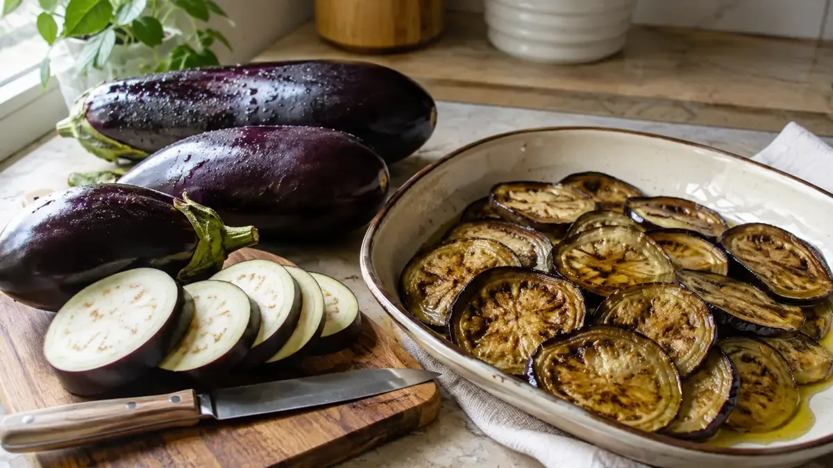 Berenjenas enteras y en rodajas sobre una mesada junto a una fuente de berenjenas asadas con aceite de oliva