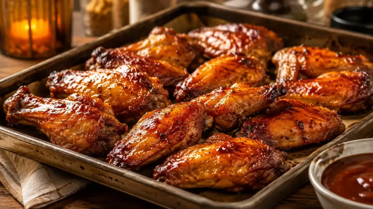Bandeja con alas de pollo adobadas, doradas y glaseadas