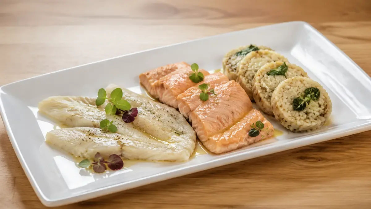 Filetes de lenguado y salmón rosado junto a un roll de risotto en un plato blanco
