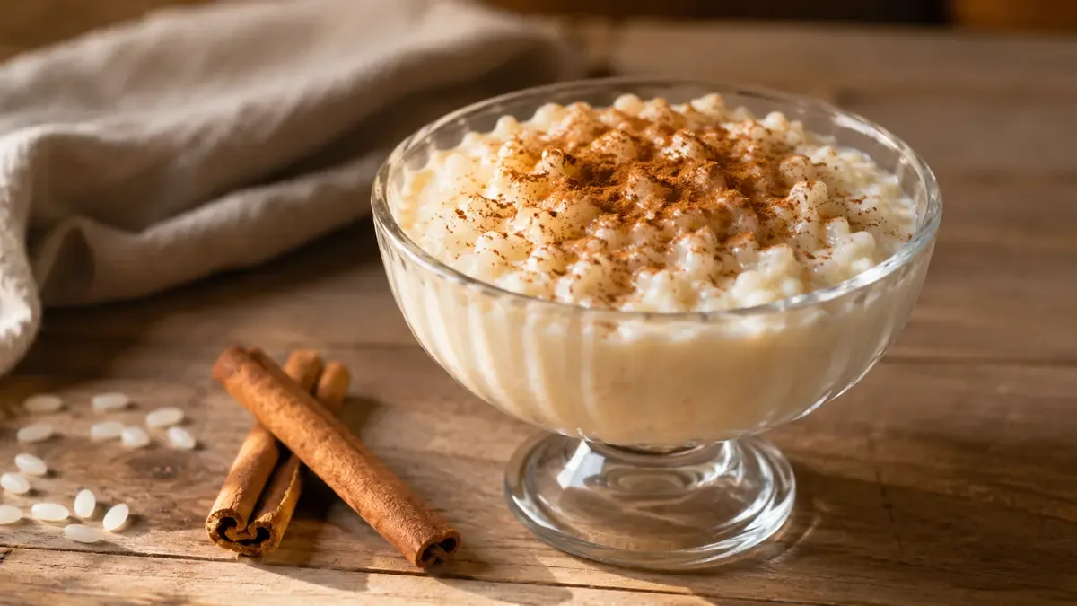 Compotera con arroz con leche cremoso espolvoreado con canela
