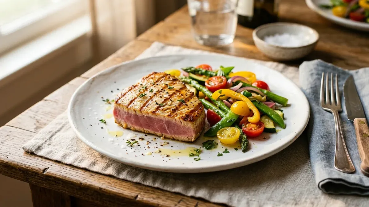 Filete de atún sellado a la plancha con vegetales salteados, servido en un plato de loza sobre mesa de madera