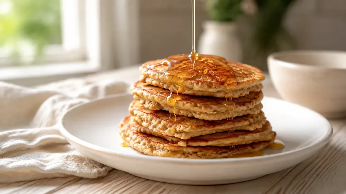 Pila de tortitas de avena doradas bañadas en miel sobre un plato de loza con mesa de madera al fondo