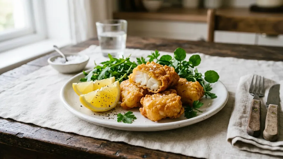 Trozos de bacalao rebozados y dorados, servidos con rodajas de limón sobre un plato de loza y mesa de madera