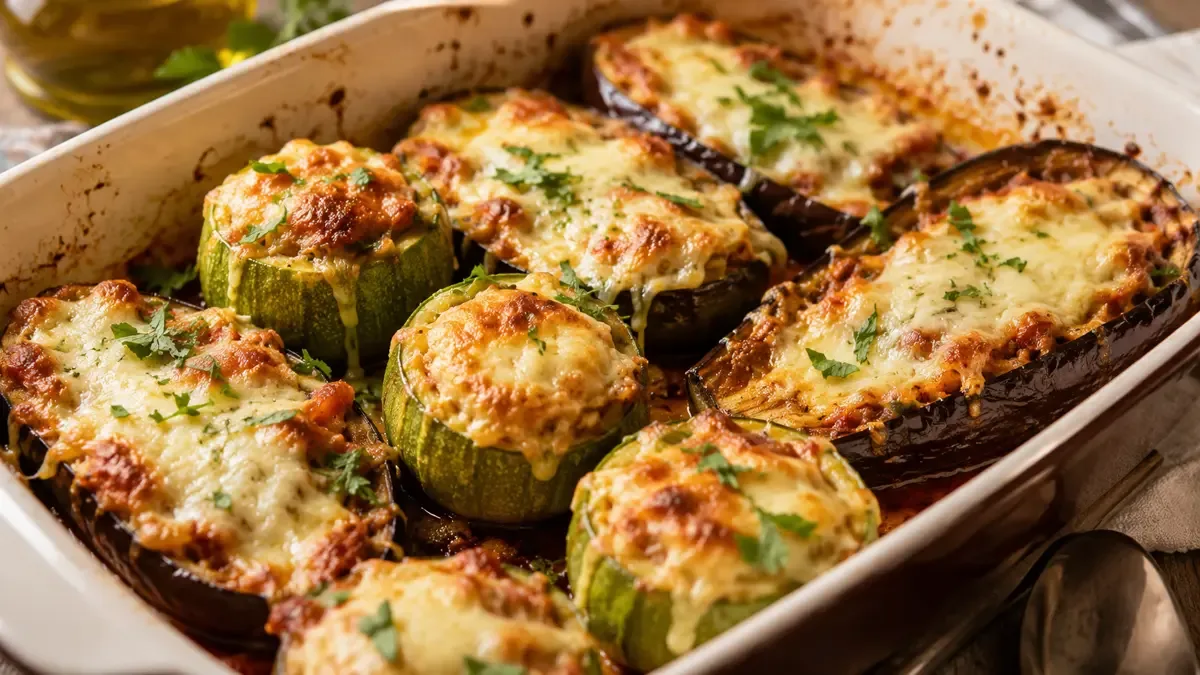 Fuente con zapallitos y berenjenas rellenos gratinados