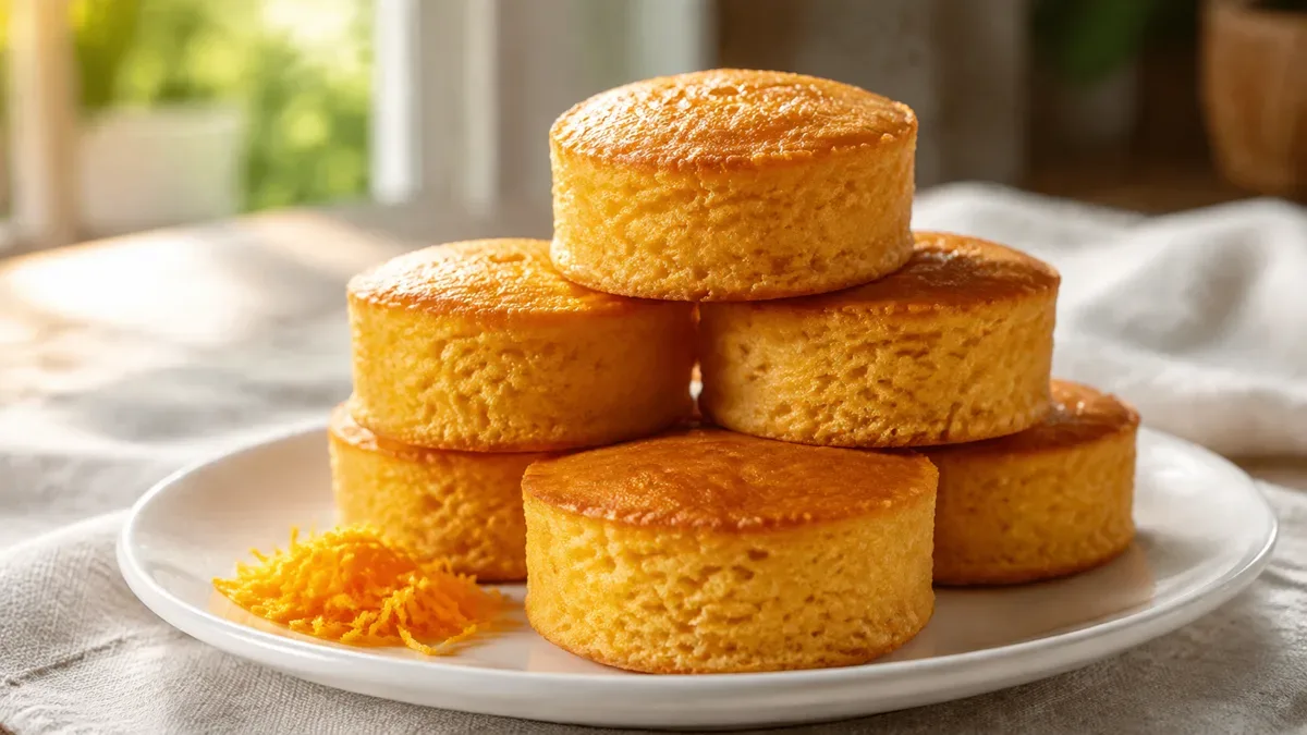 Bizcochos de naranja dorados apilados sobre un plato de loza, con ralladura de naranja y mesa de madera al fondo