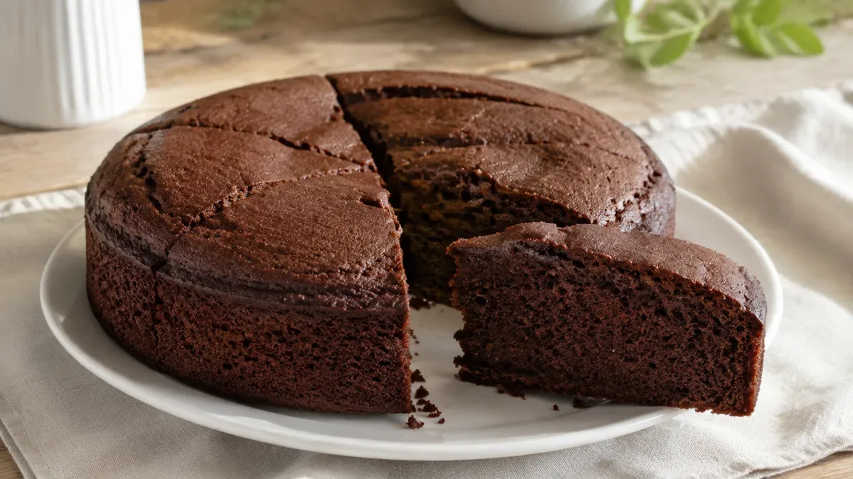 Bizcochuelo de chocolate esponjoso cortado en porciones sobre un plato de loza con mesa de madera al fondo