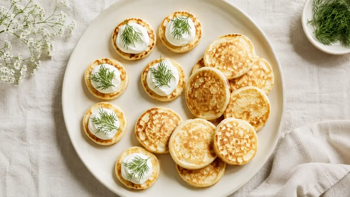 Plato con blinis esponjosos y algunos servidos como canapés