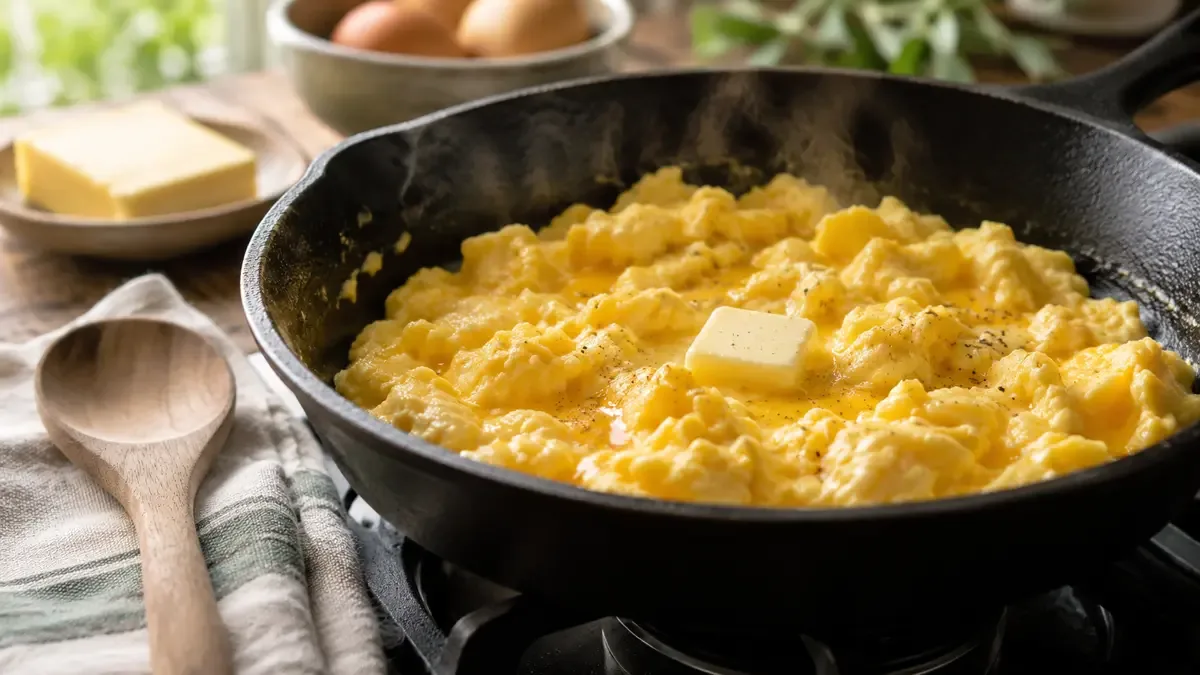 Huevos revueltos cremosos en una sartén con manteca