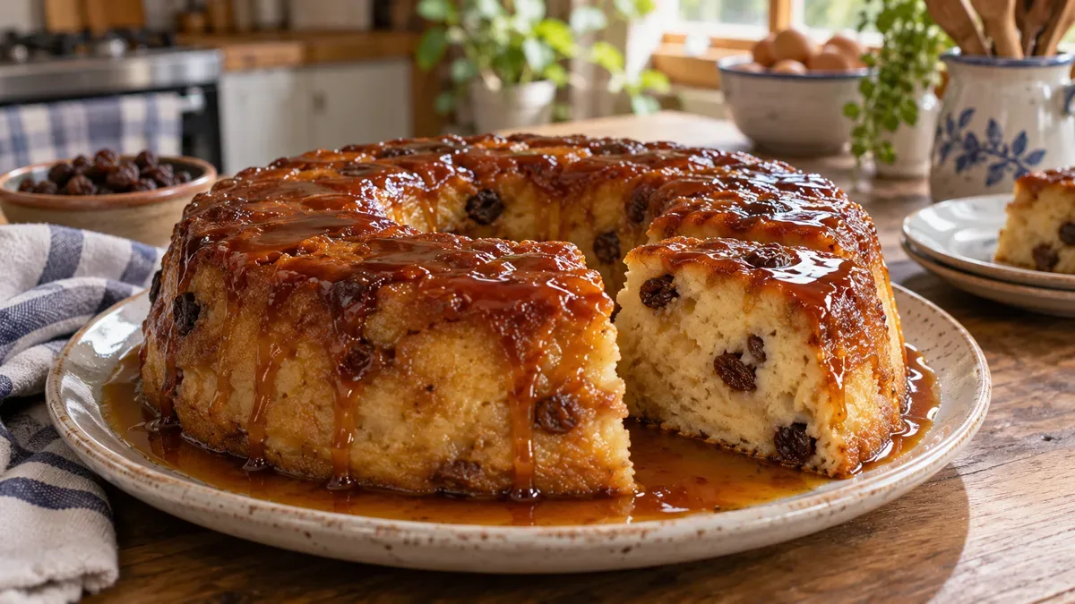 Budín de pan casero desmoldado en una fuente, bañado en caramelo, con una porción cortada