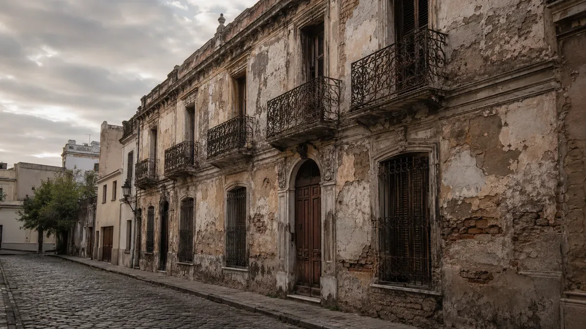 Fachada antigua y deteriorada de un edificio porteño con balcones de hierro, sin personas
