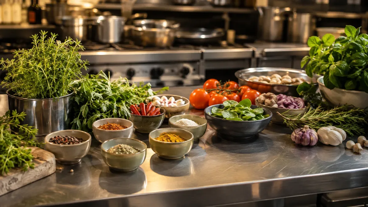 Mesada de cocina profesional con ingredientes variados y especias listos para combinar, sin personas