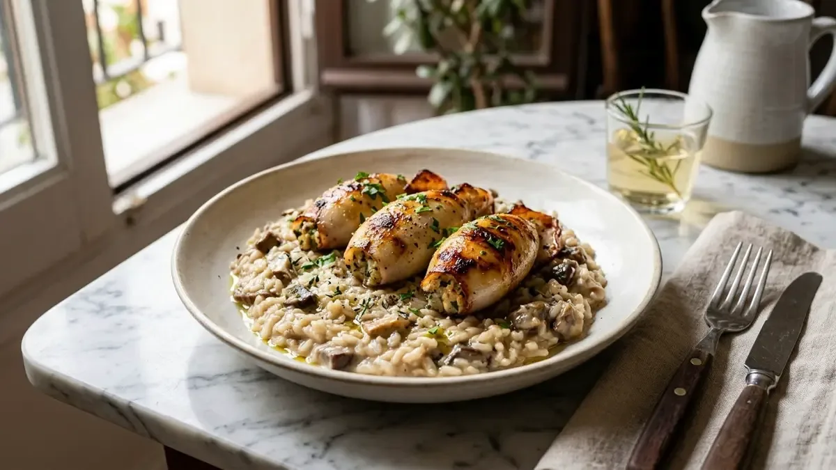 Calamares rellenos servidos sobre risotto ai funghi cremoso con champiñones