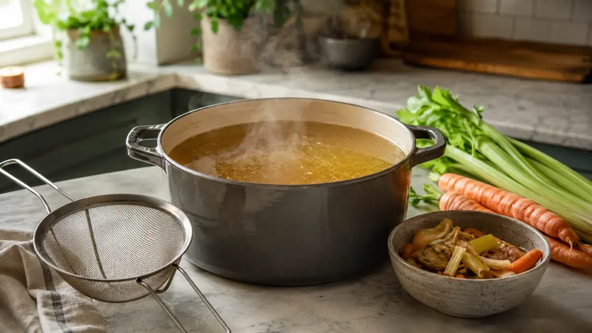 Olla con caldo casero dorado y transparente junto a un colador