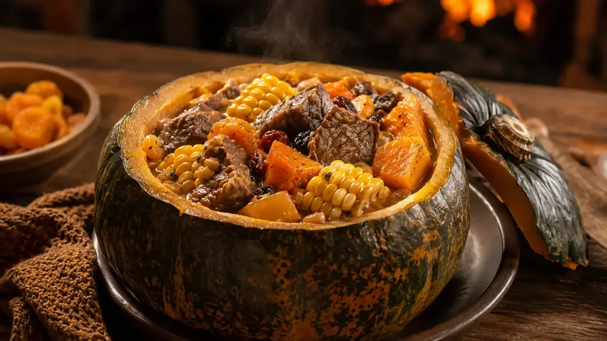 Carbonada criolla: receta de olla con zapallo, choclo y durazno servida humeante