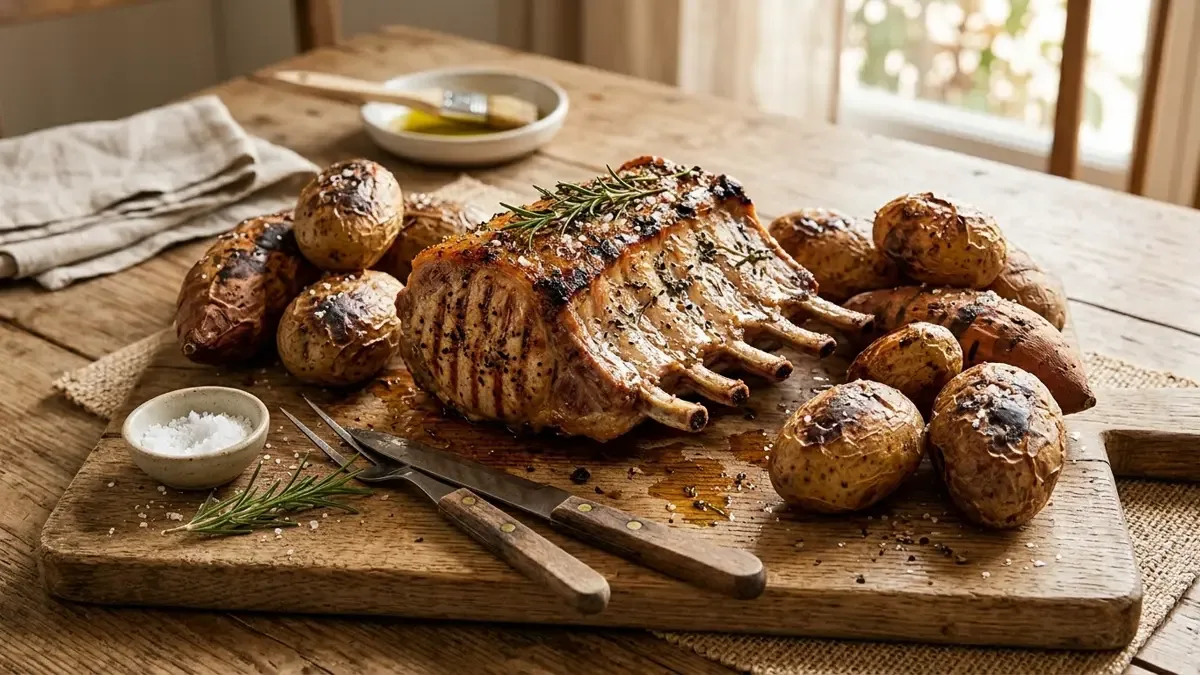 Carré de cerdo a la parrilla con papas y batatas asadas al plomo