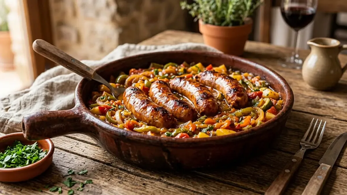 Chorizos al disco sobre un sofrito de verduras en una fuente de barro