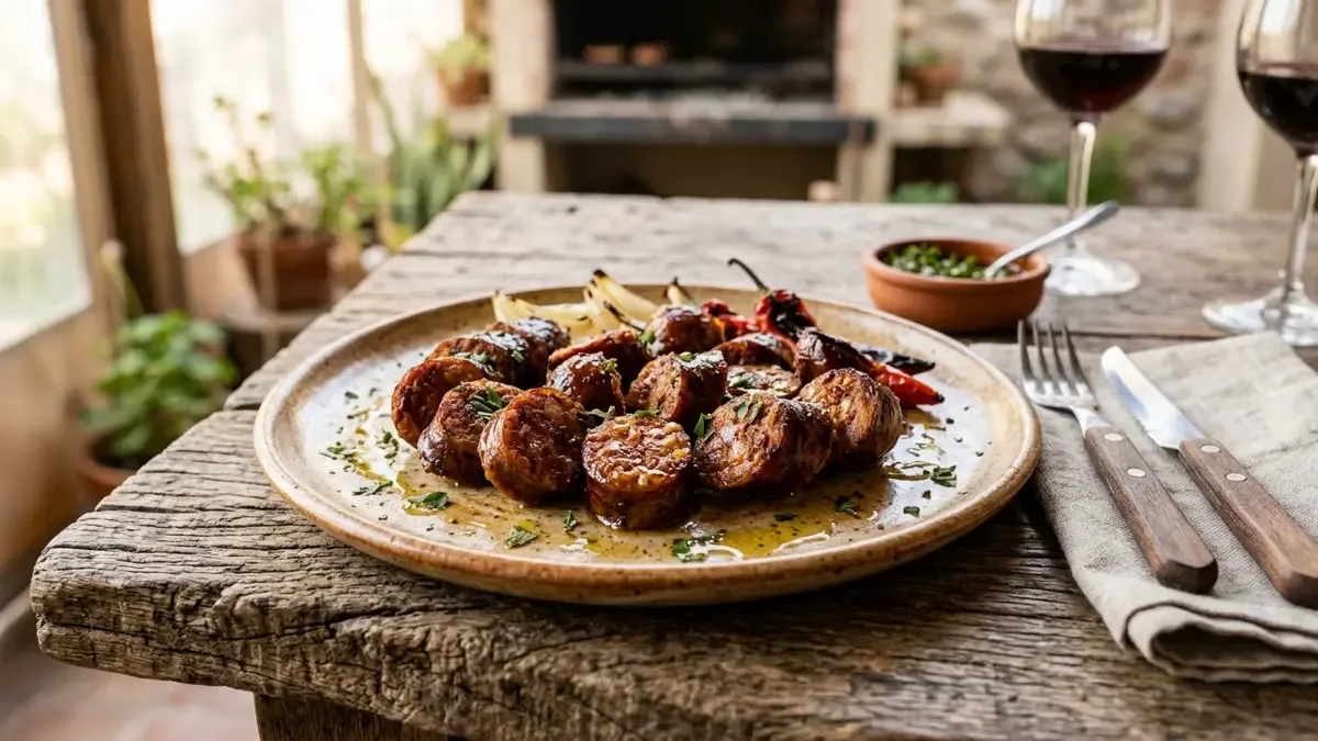 Chorizos al disco dorados y cortados en rodajas en un plato de cerámica