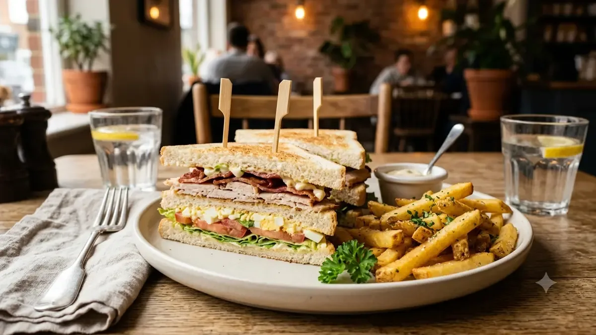 Club sandwich en triángulos con palillos y papas fritas