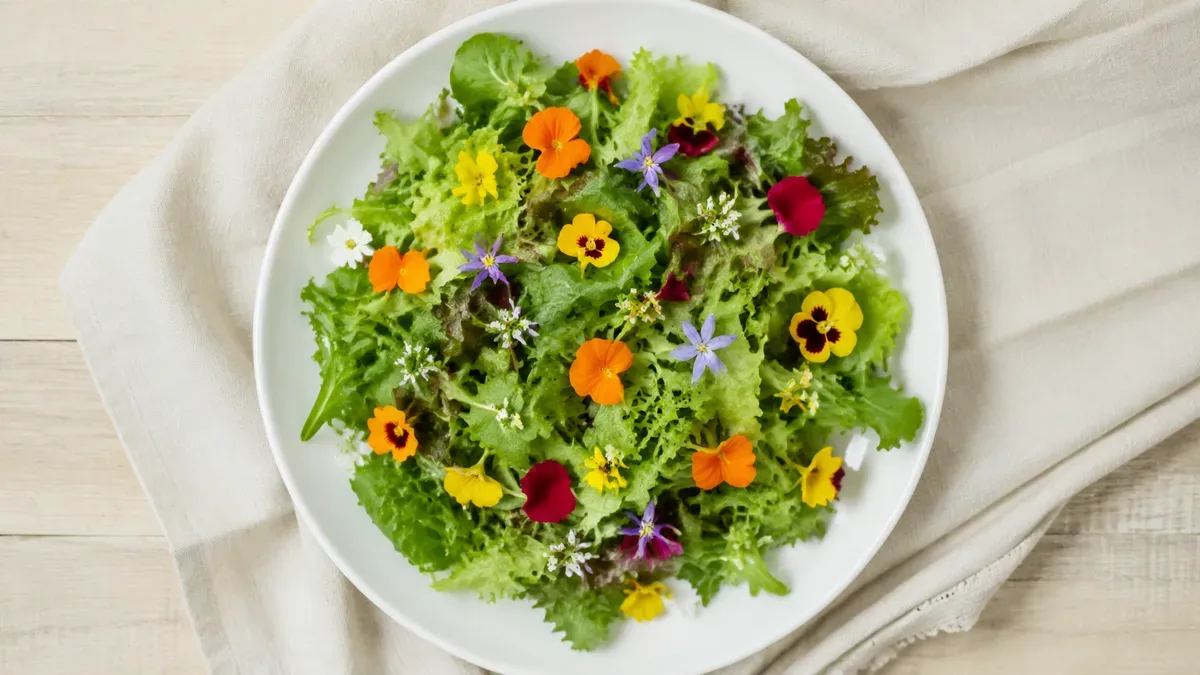 Ensalada fresca decorada con pétalos y flores comestibles de colores, servida en un plato de loza sobre mesa de madera