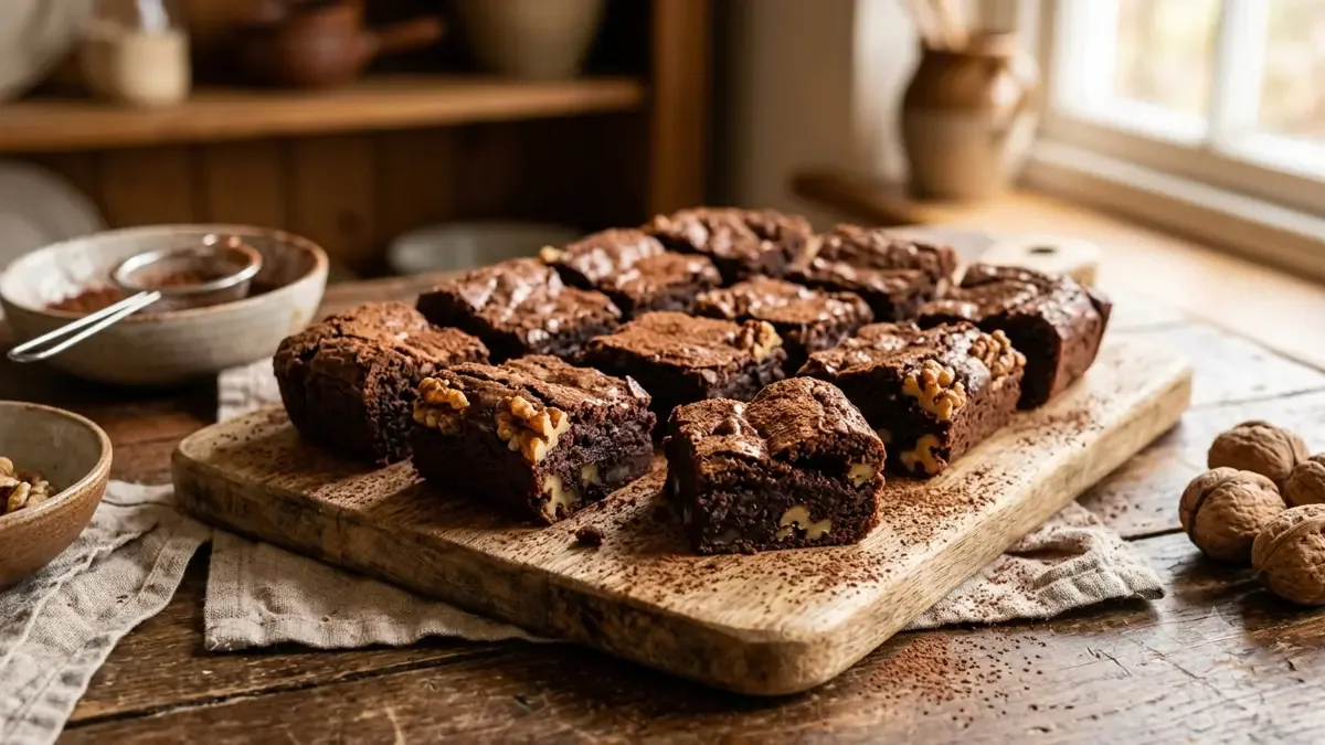 Brownies en cuadrados con nueces sobre tabla de madera