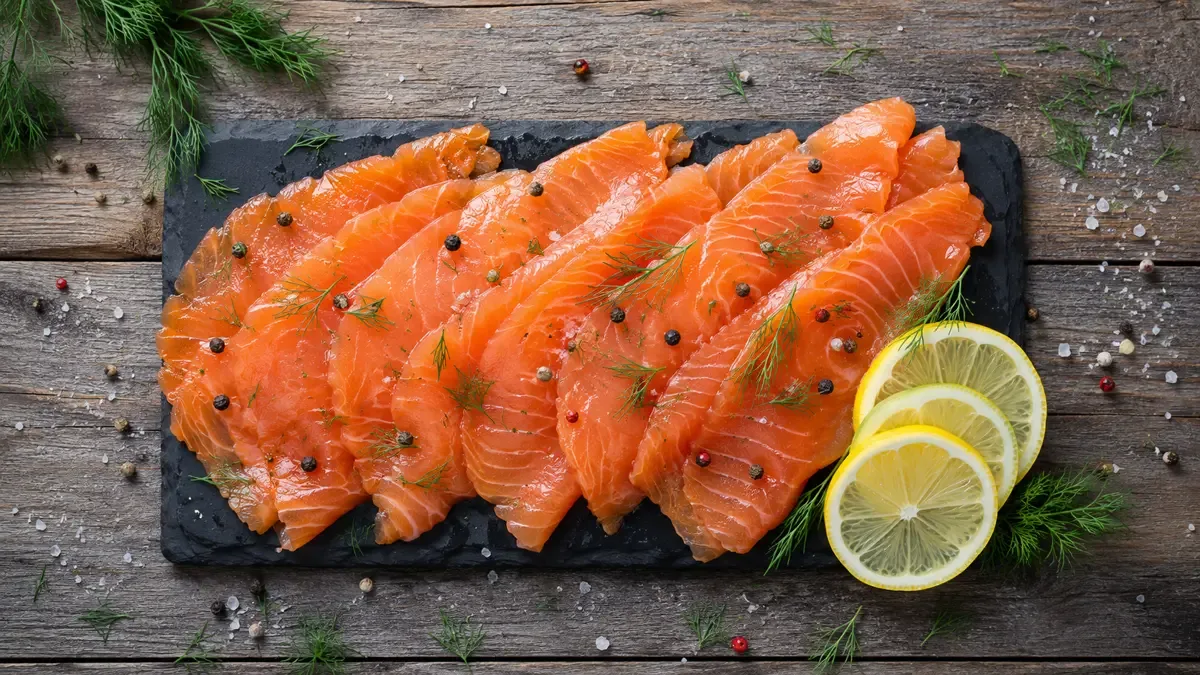 Tabla con fetas finas de salmón marinado, eneldo y sal gruesa