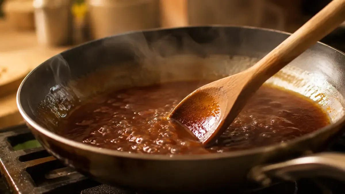 Salsa reduciéndose en una sartén con una cuchara de madera