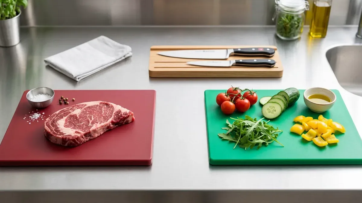 Tablas de corte de colores separadas para carne cruda y vegetales sobre una mesada de cocina, sin personas