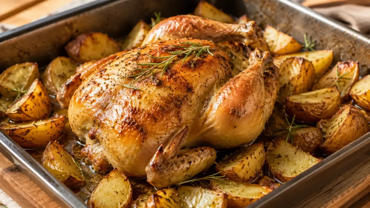 Asadera con pollo al horno dorado y papas rústicas