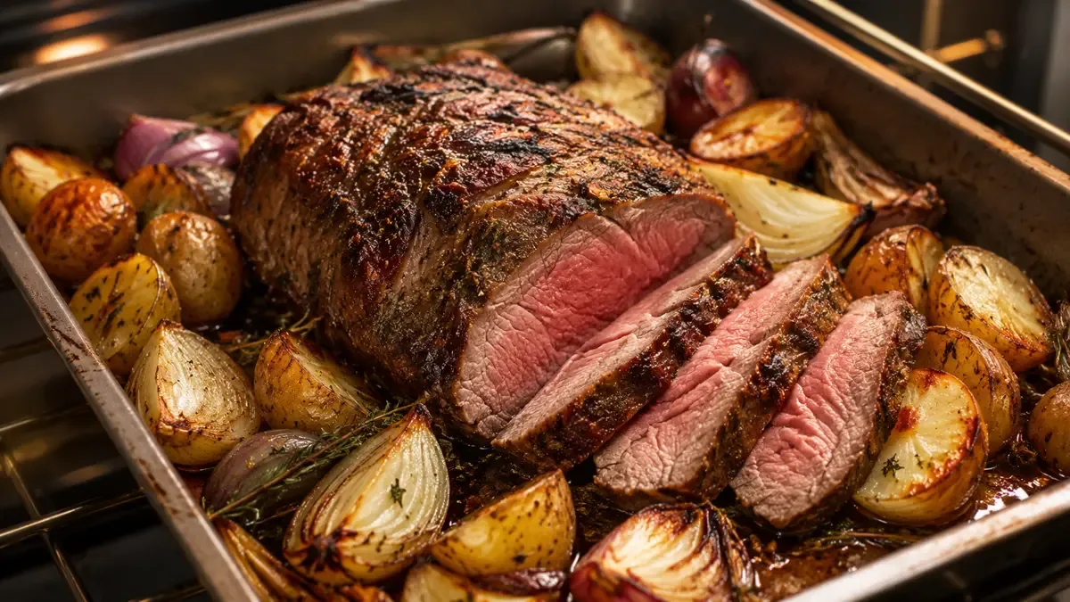 Asadera con corte de carne al horno en rodajas junto a papas asadas