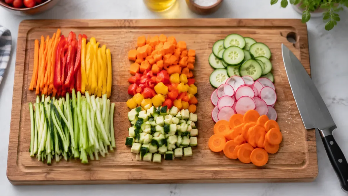 Verduras variadas cortadas en juliana, cubos y rodajas sobre una tabla de madera, sin personas