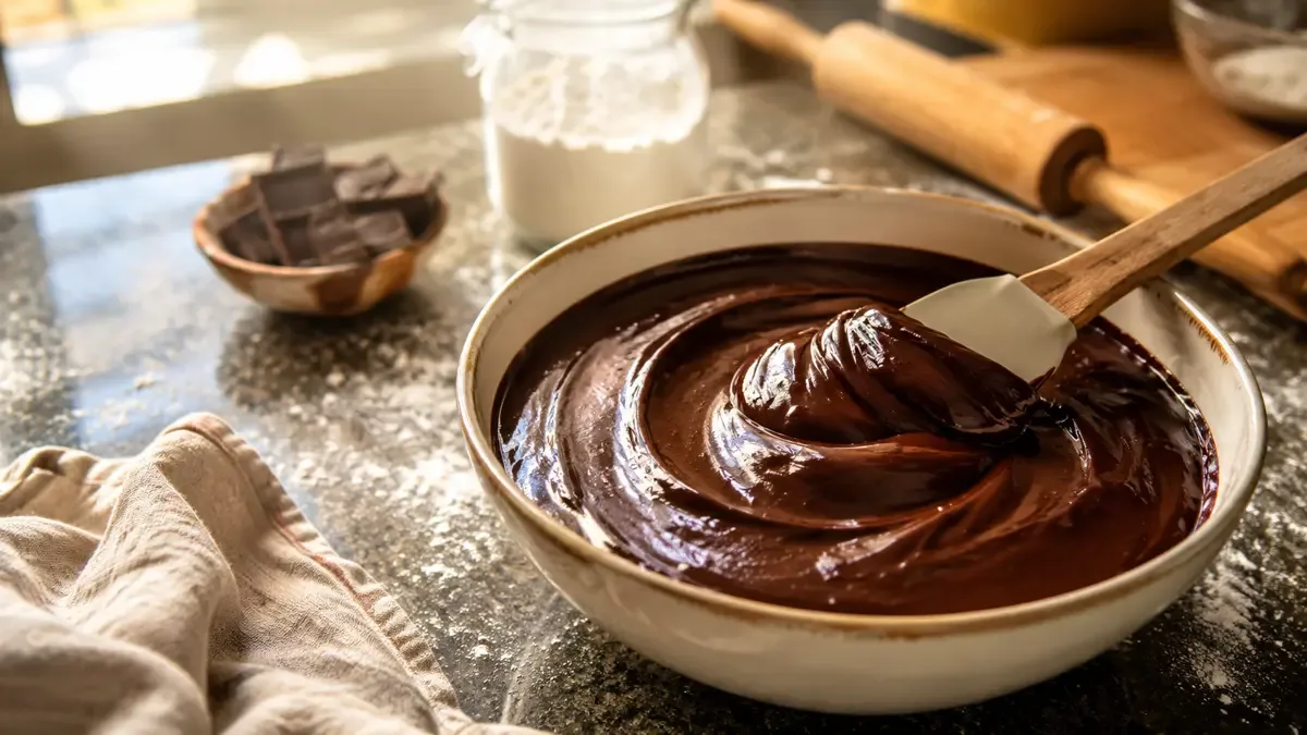 Bowl con ganache de chocolate brillante sobre una mesada con harina