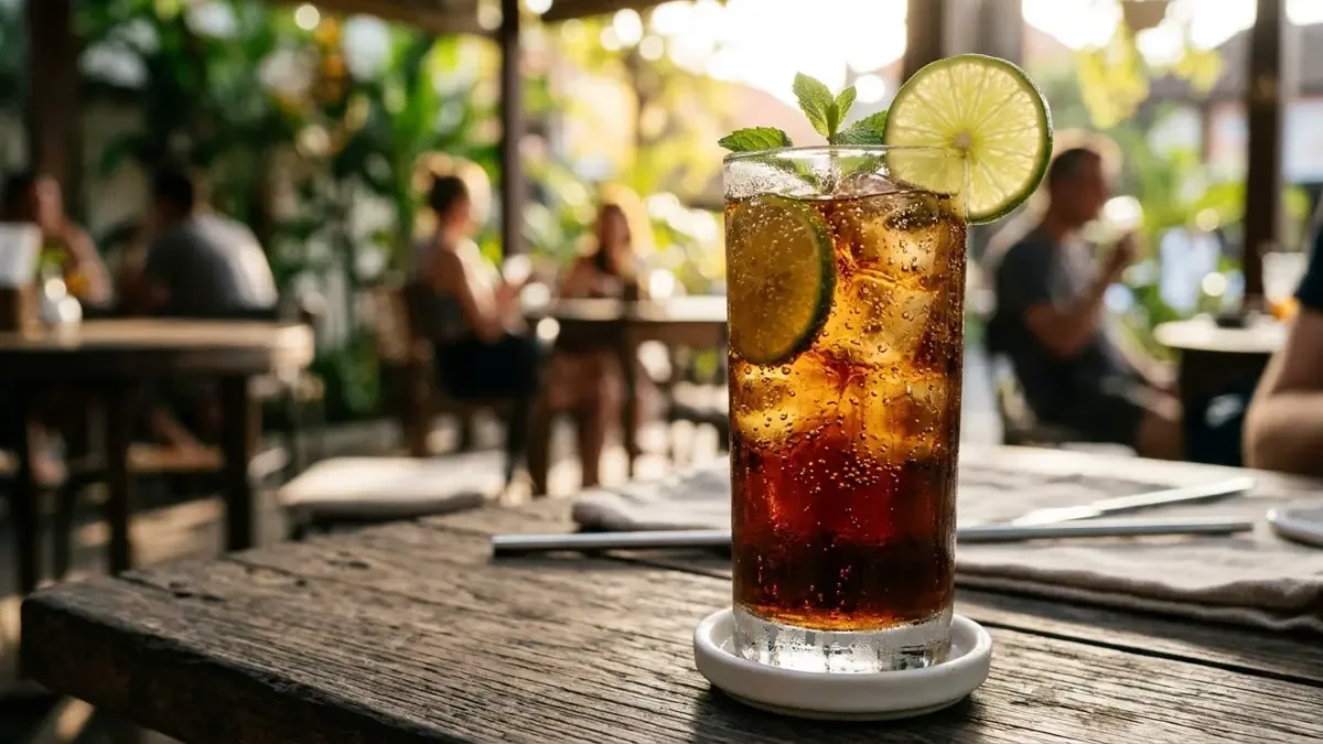 Trago largo tipo Cuba Libre con hielo y rodaja de limón en un vaso alto