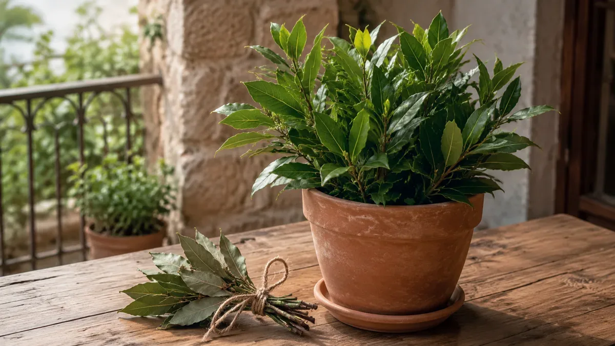 Maceta con una planta de laurel de hojas verdes, junto a ramitas de laurel secas sobre una mesa de madera