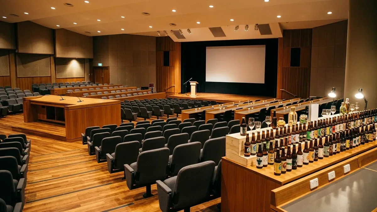 Sala de congreso con sillas vacías y una mesa con botellas de cerveza artesanal de muestra, sin personas