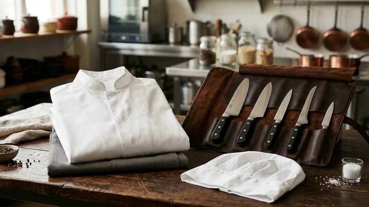 Chaqueta de chef doblada junto a un estuche de cuchillos profesionales sobre una mesa de madera, sin personas