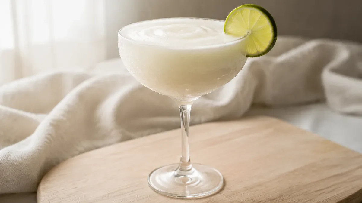 Copa de daiquiri helado color blanco con una rodaja de lima al borde, sobre una mesa de madera con luz natural