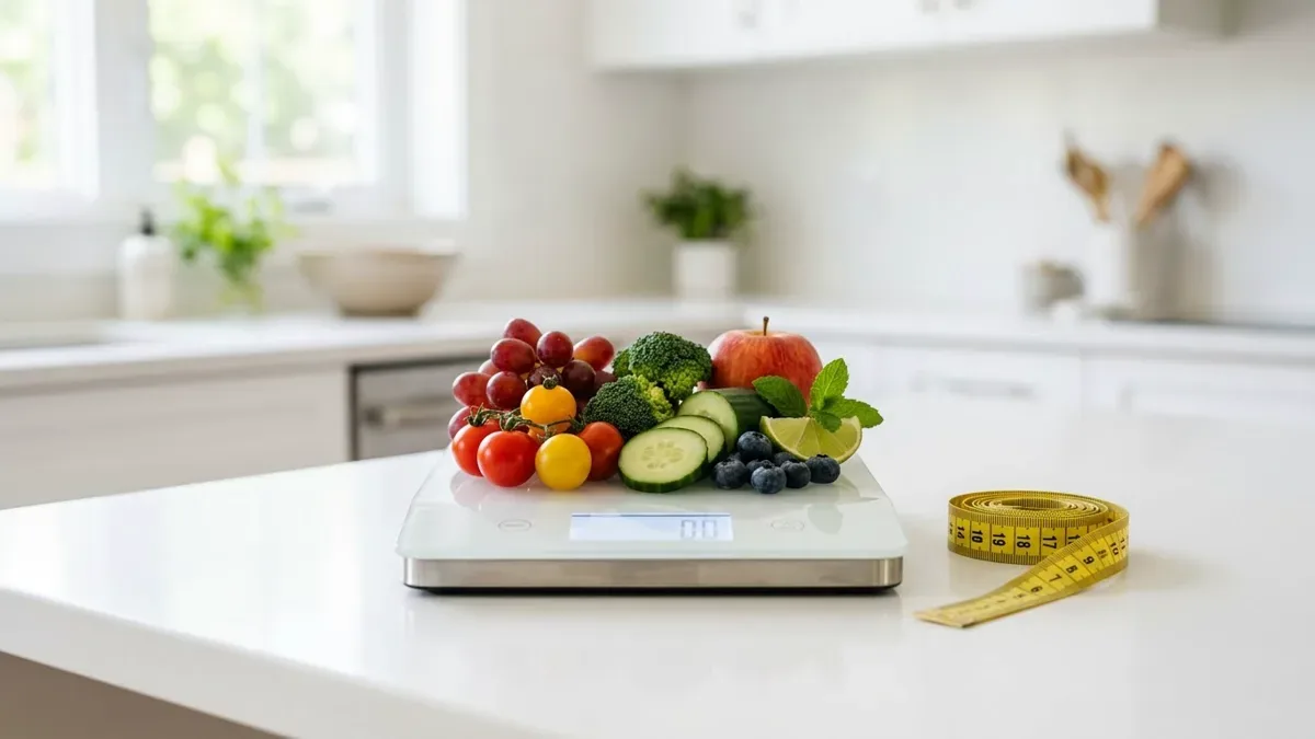 Balanza de cocina con frutas y vegetales livianos sobre una mesada, junto a una cinta métrica, sin personas