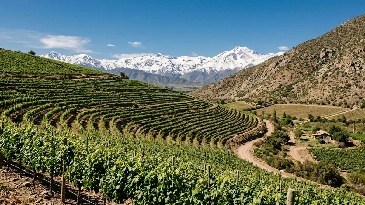 Paisaje andino chileno con viñedos en terrazas y montañas nevadas al fondo, sin personas