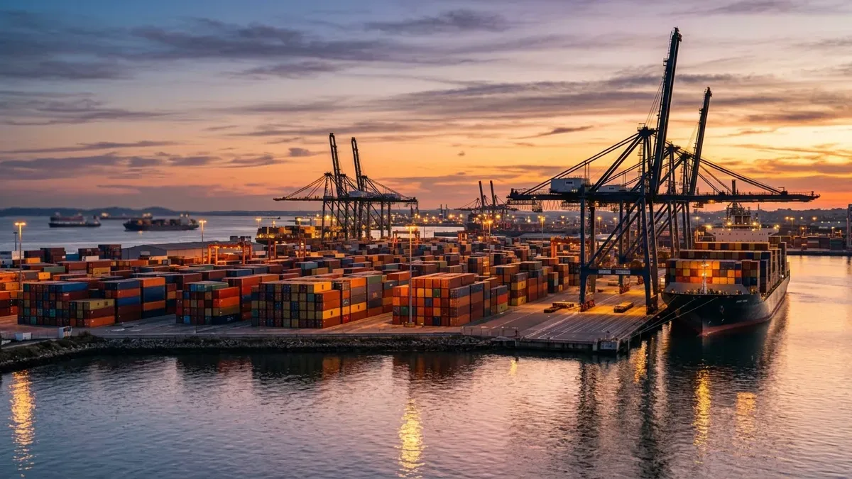 Puerto comercial con contenedores apilados y grúas de carga al atardecer, sin personas