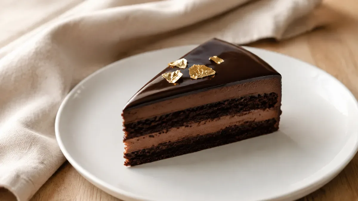 Porción de postre de chocolate oscuro decorada con hoja de oro comestible sobre un plato de loza blanca