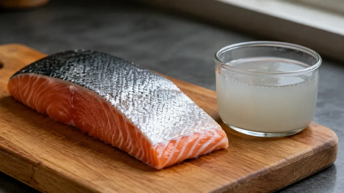Filete de salmón crudo sobre una tabla de madera junto a agua turbia, sin personas