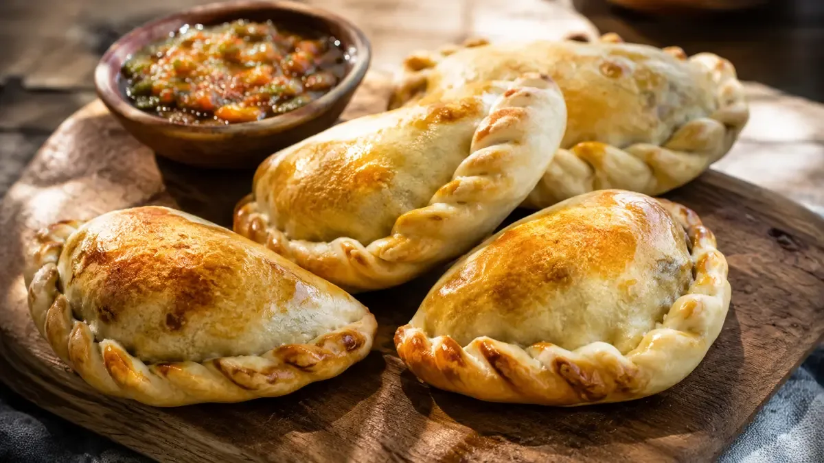 Empanadas salteñas doradas con repulgue definido junto a una salsa de acompañamiento