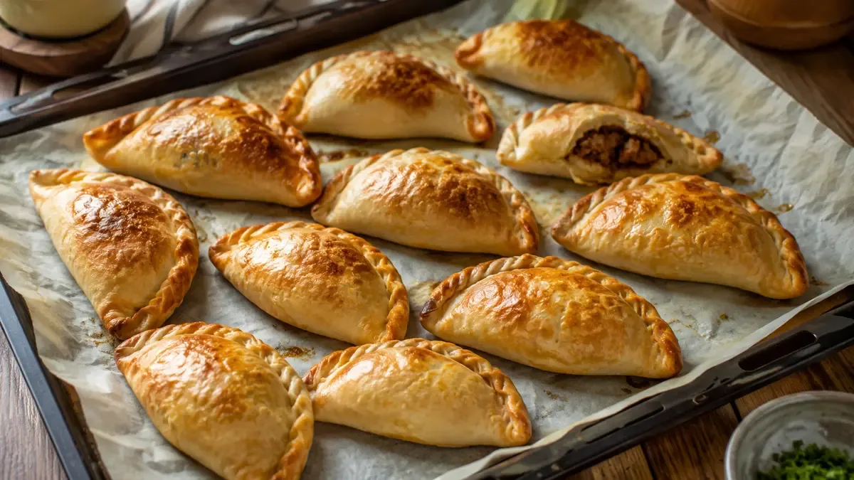 Bandeja de empanadas caseras doradas con repulgue a mano