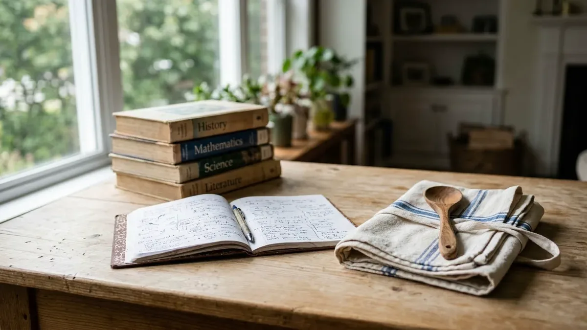 Libros escolares apilados junto a utensilios de cocina sobre un escritorio de madera, sin personas