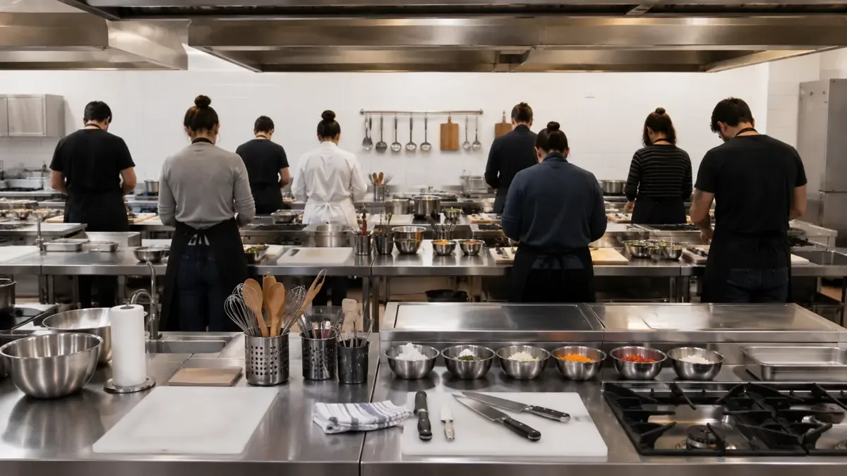 Aula taller de cocina con mesadas de acero y alumnos de espaldas