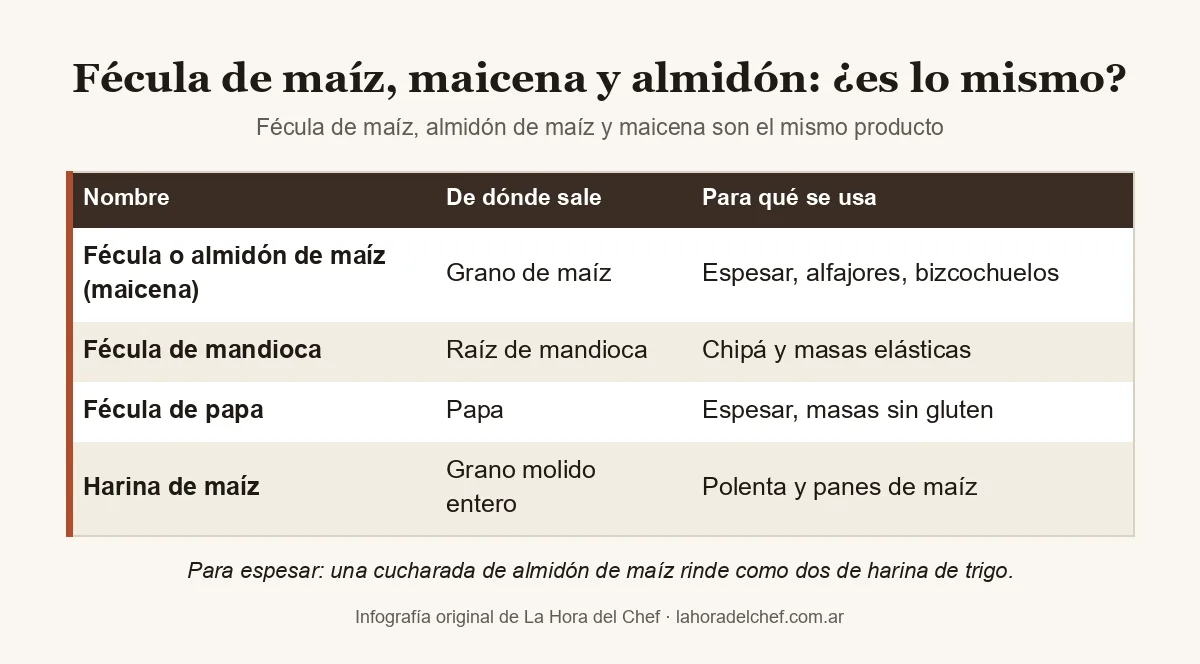 Tabla que compara almidón o fécula de maíz (maicena), fécula de mandioca, fécula de papa, harina de maíz y harina de trigo: de dónde sale cada una y para qué se usa
