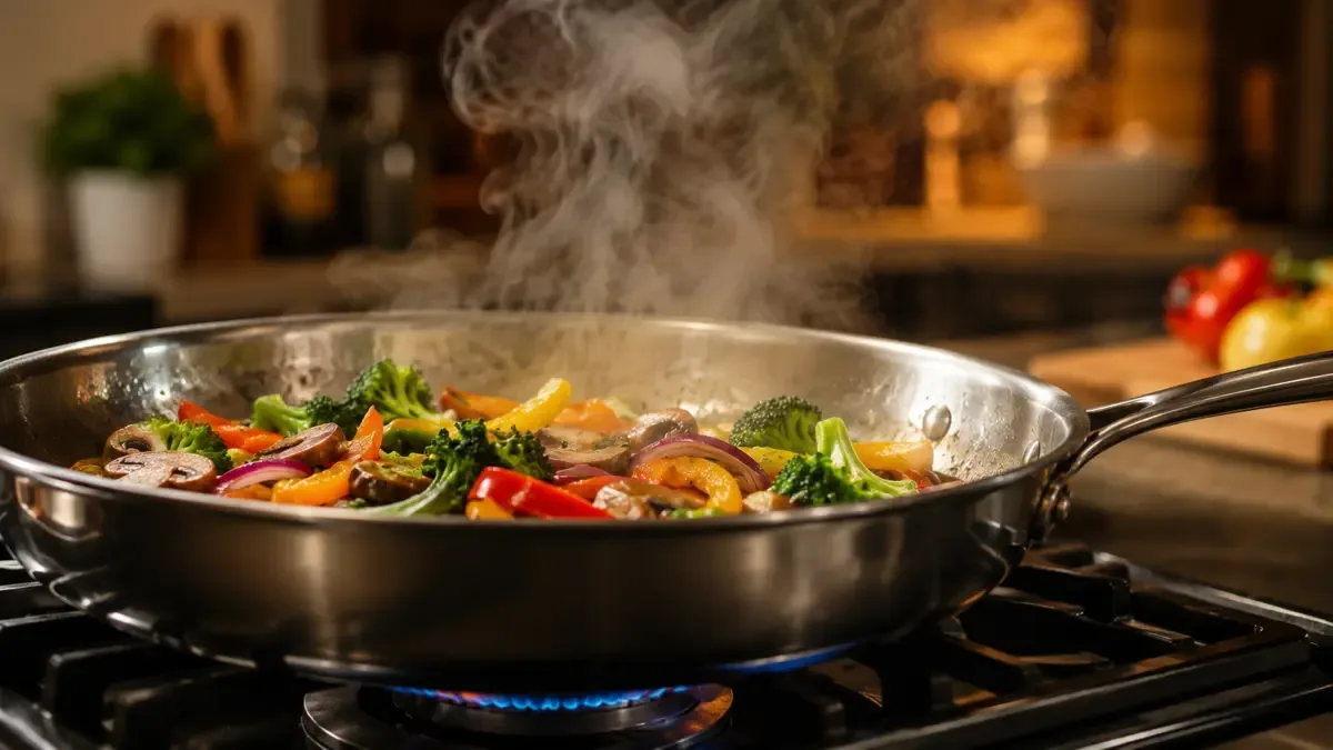Sartén con vegetales salteados humeando sobre una hornalla doméstica