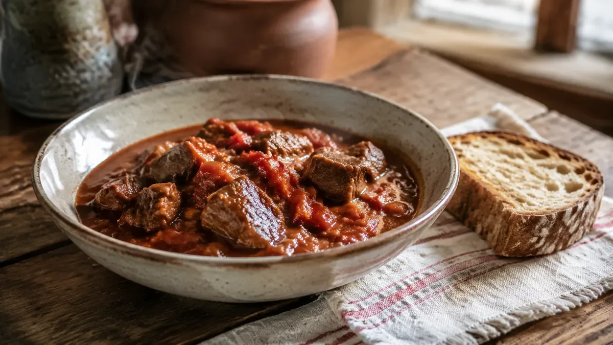 Plato hondo de goulash humeante con trozos de carne y pimentón, acompañado de pan casero sobre mesa de madera
