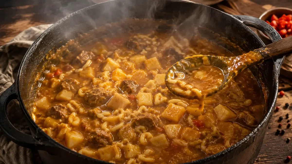 Olla de hierro con guiso carrero espeso de fideos, carne y papa