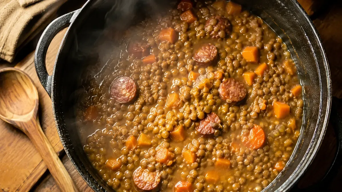 Olla de hierro con guiso de lentejas espeso y vapor